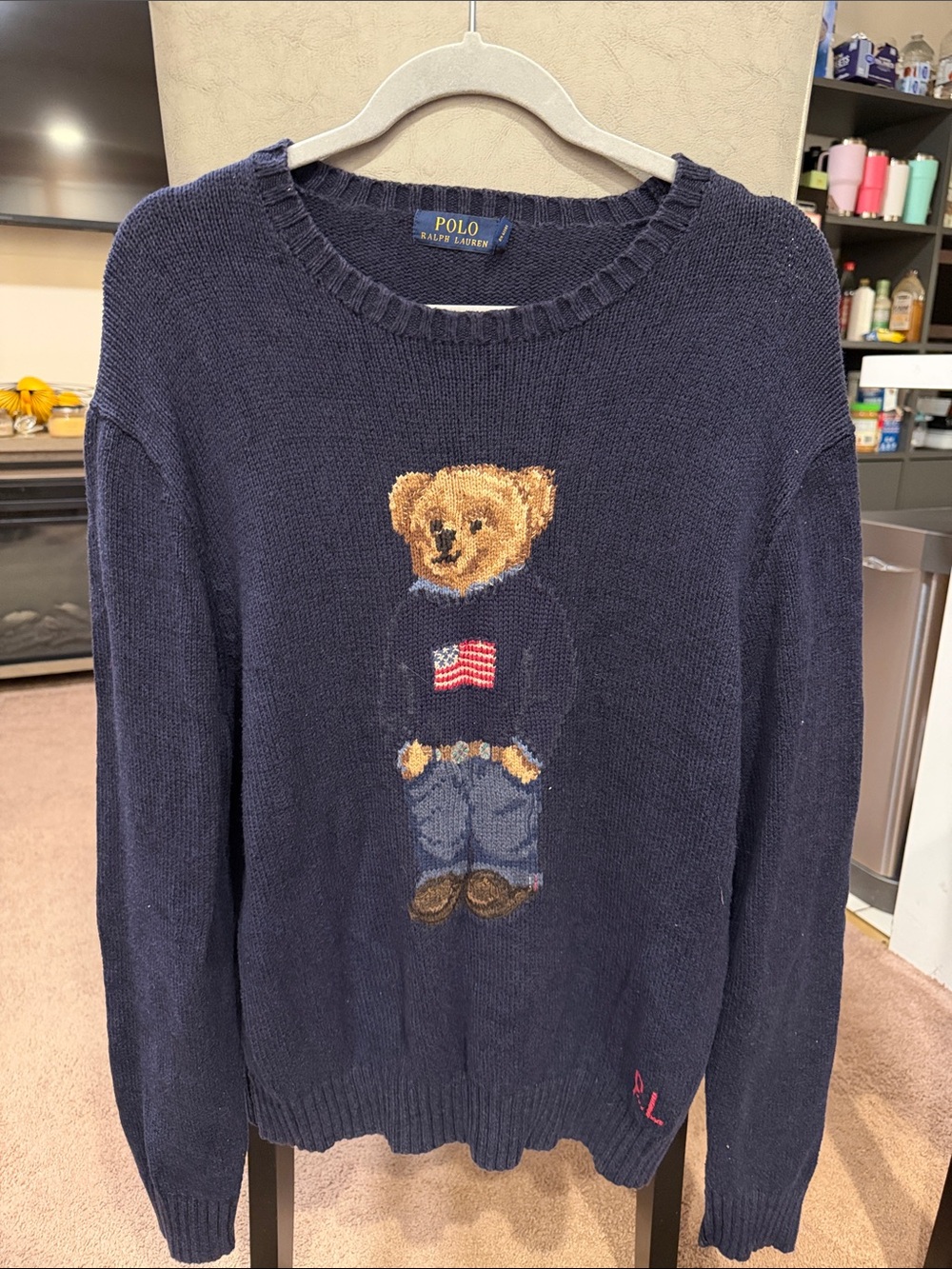 Polo by Ralph Lauren Navy Bear Crewneck Sweater with Flag Detail
